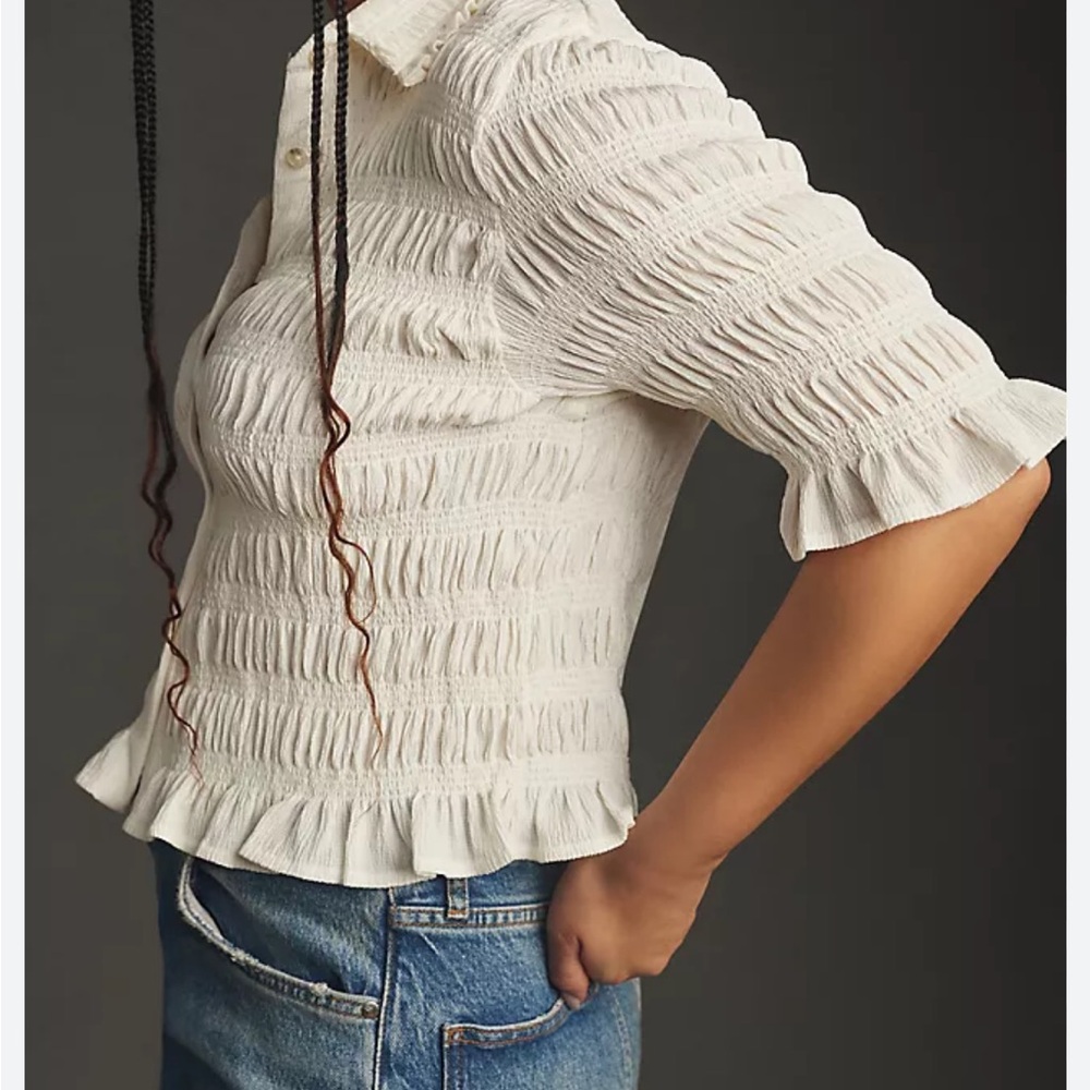 Anthropologie Maeve Smocked Button-Front Top cream 2X - Picture 2 of 8